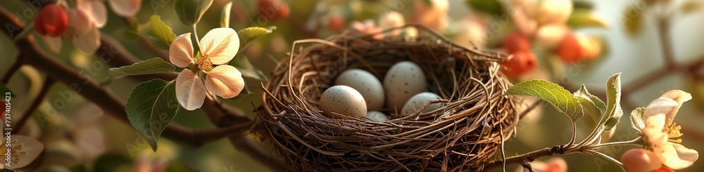 A high-definition image of a natural bird's nest, cradling eggs amidst the richly colored blossoms of an apple tree, with the play of light and shadow adding depth and realism. A high-definition image of a natural bird's nest, cradling eggs amidst the richly colored blossoms of an apple tree, with the play of light and shadow adding depth and realism.