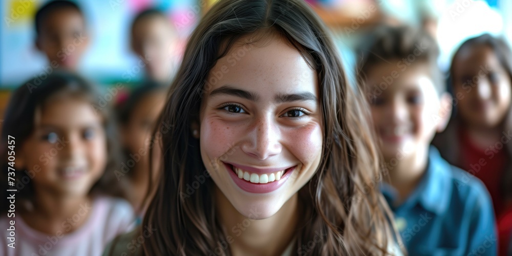 Portrait of cheerful brunette teacher trainee girl student or woman at school with deverse ethnic descents in bright classroom with happy children behind her back smiling at camera with toothy smile