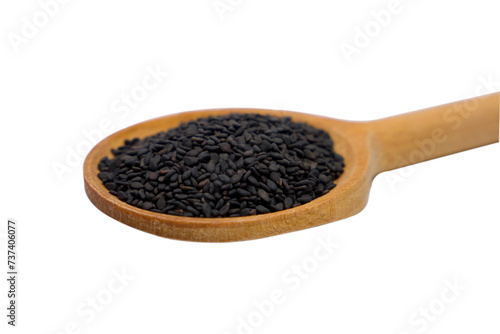 Black sesame seeds in wooden spoon isolated on white background 