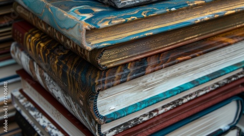 stack of books with various colors and textures of covers. 