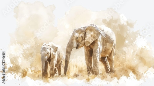 a painting of a baby elephant and an adult elephant standing in a dry grass field with a white sky in the background. photo