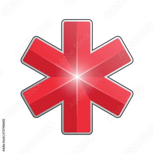 The red medical symbol. Ambulance hexagonal star isolated on a white background.