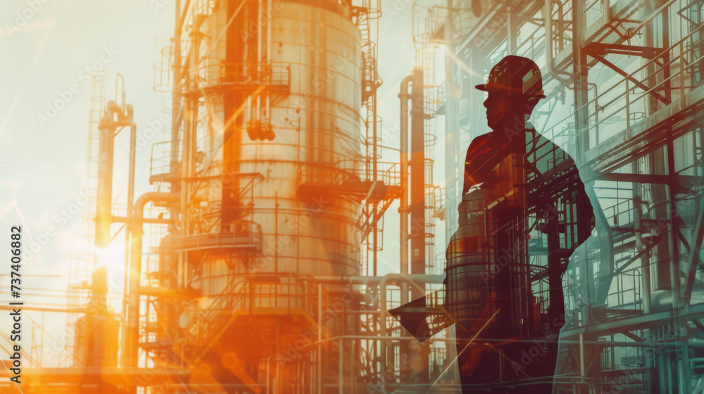 silhouette of a worker wearing a hard hat in the foreground, superimposed on a detailed industrial background - obrazy, fototapety, plakaty 
