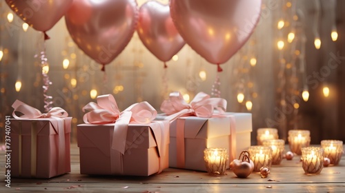 a group of pink gift boxes with pink ribbon and pink balloons