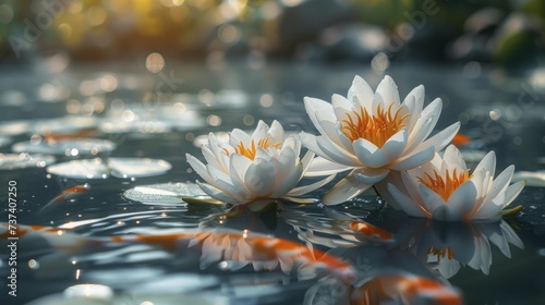 A quiet pond with water lilies and koi fish, illustrating serenity and balance in natural elements