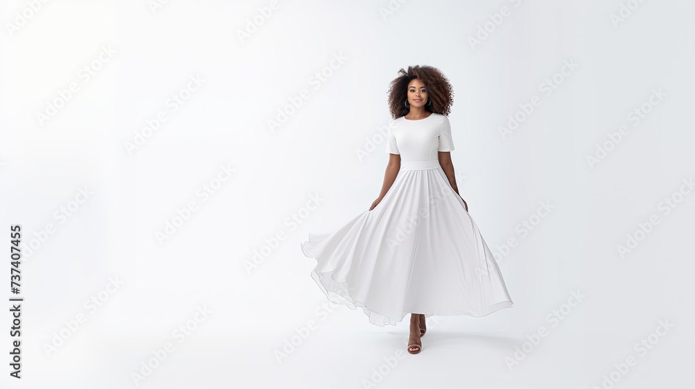 Full length African American woman in a white dress on a white background. Fashion banner mockup with free space for product placement or promotional text. Full length African American woman in a white dress on a white background. Fashion banner mockup with free space for product placement or promotional text.