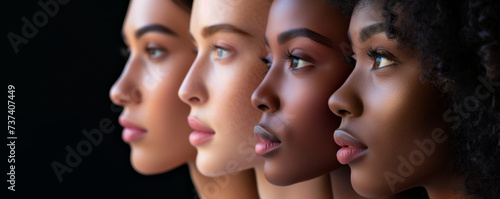 Profiles of four beautiful women with different skin tones, on plain solid background. Diversity, multi-ethnic beauty concept.