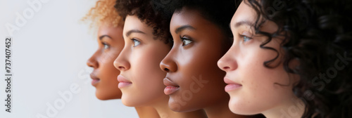 Profiles of four beautiful women with different skin tones, on plain solid background. Diversity, multi-ethnic beauty concept.