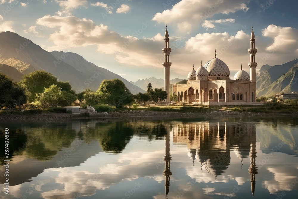 Mosque reflection in the lake with reflection of clouds and mountains. muslim spirituality. panoramic view of a mosque.