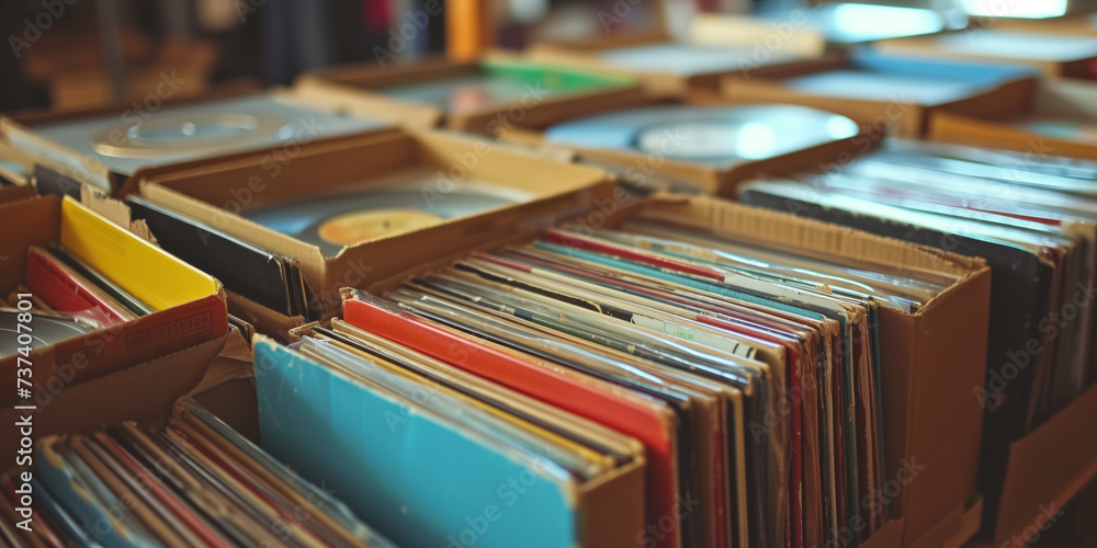 Old retro vinyl records in boxes sold in vintage music store. Old retro vinyl records in boxes sold in vintage music store.
