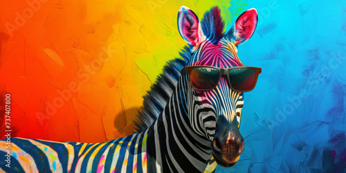 Multicolored neon party zebra wearing sunglasses on vivid background.