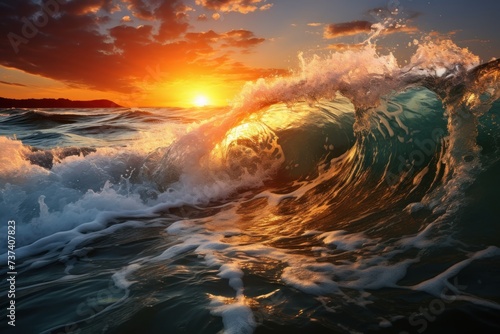 The sun sets over the rolling waves of the ocean, casting a warm glow on the water.