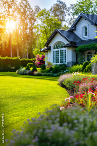 Perfect manicured lawn and flowerbed with shrubs in sunshine, on a backdrop of residential house backyard. photo