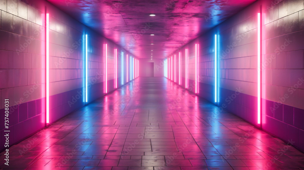 Futuristic Neon Lights in a Modern Tunnel, Vibrant Abstract Interior, Technology and Design Concept