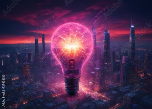 A glowing light bulb with a vibrant pink and purple energy core, superimposed over a futuristic cityscape during twilight with skyscrapers and a pink to purple gradient sky