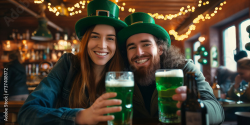 Cheerful couple wearing green hats with glasses of green beer by a bar counter in traditional Dublin pub. Drinking alcoholic beverage. Saint Patrick's Day celebration.
