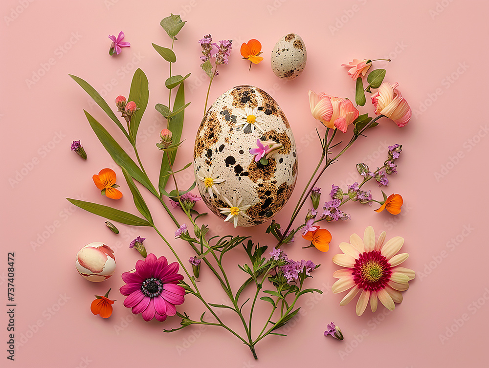 uovo di pasqua ricoperto o fatto da fiori e foglie e uova di quaglia , sfondo rosa scontornabile, spazio per testo ,  - obrazy, fototapety, plakaty 