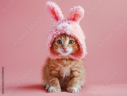 simpatico cucciolo di gatto su sfondo rosa con indosso un cappuccio a forma di orecchie di coniglio rosa, concetto di Pasqua  photo