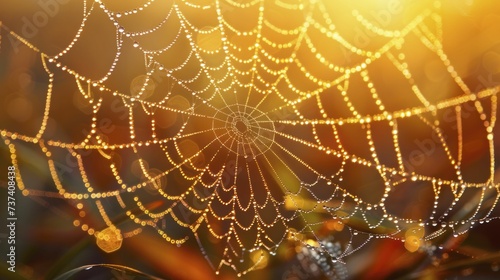 Dew drops on spider webs in the early morning light, showcasing the intricate beauty of natural elements