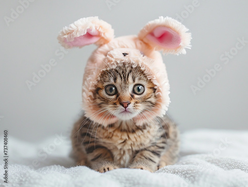 simpatico cucciolo di gatto su sfondo  bianco con indosso un cappuccio a forma di orecchie di coniglio rosa, concetto di Pasqua  photo