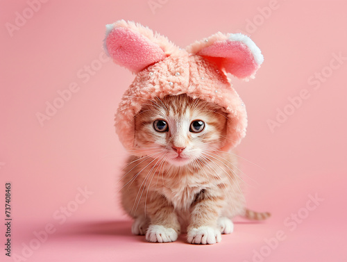 simpatico cucciolo di gatto su sfondo rosa con indosso un cappuccio a forma di orecchie di coniglio rosa, concetto di Pasqua  photo