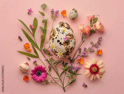 uovo di pasqua ricoperto o fatto da fiori e foglie e uova di quaglia , sfondo rosa scontornabile, spazio per testo ,  photo