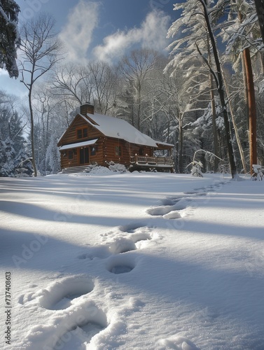 Solitary path to a cabin, marked by footprints in snow, reflects peace and healing © Kanisorn