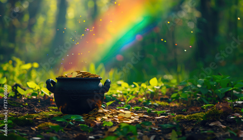 A pot of gold with a rainbow coming out of it, in a forest in daylight