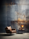 Brown leather armchair in a minimalist living room with a grungy concrete wall and a cozy lamp on a side table. Industrial style modern home, stylish decor, contemporary interior design.