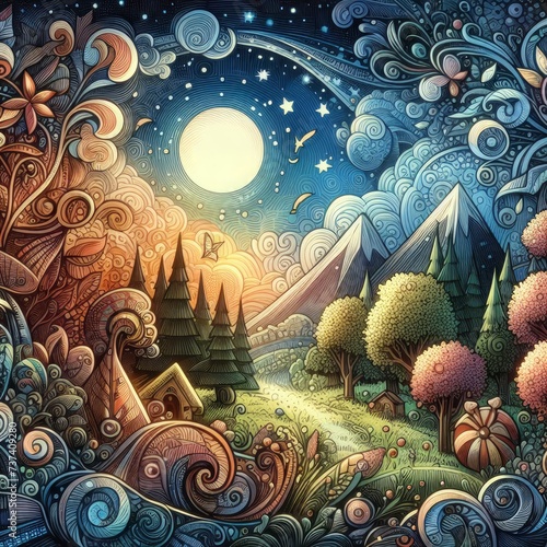 Wallpaper Mural Illustrated doodle ornamental spring and autumn landscape, soothing rural scenery Torontodigital.ca