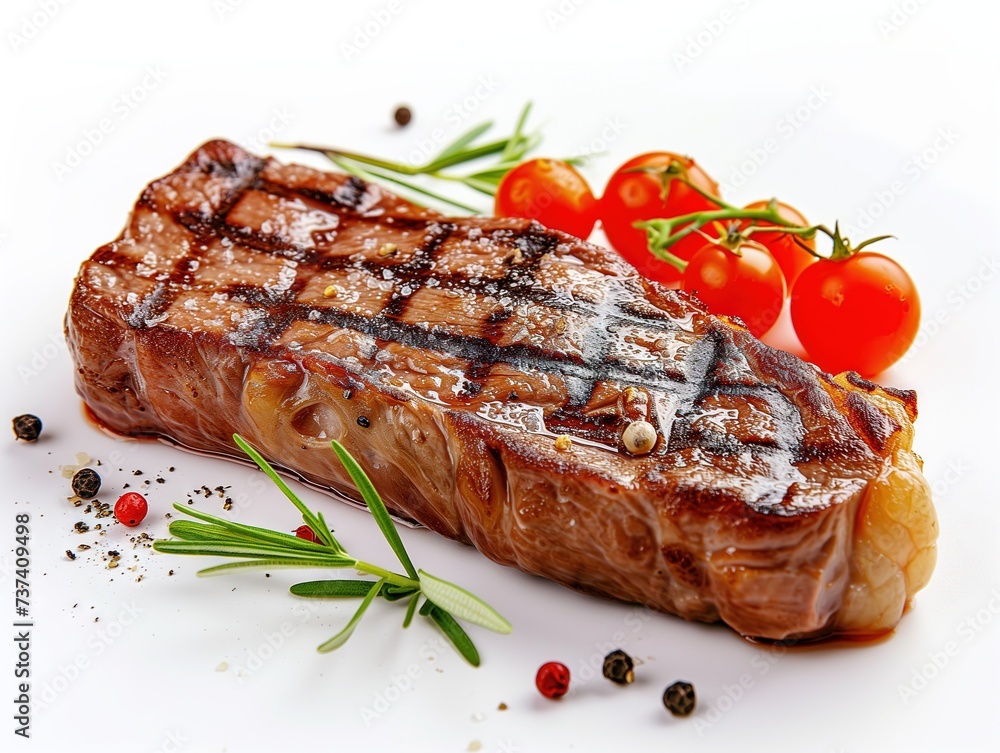 grilled steak with herbs and tomatoes on a white plate.