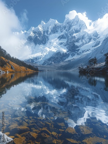 Snow-capped mountains reflecting in a crystal lake, illustrating peace and majesty in nature