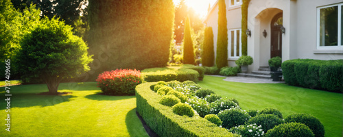 Spring garden. a beautiful well-groomed lawn and a flower bed with bushes in the sunlight against the background of the backyard of a residential building. photo