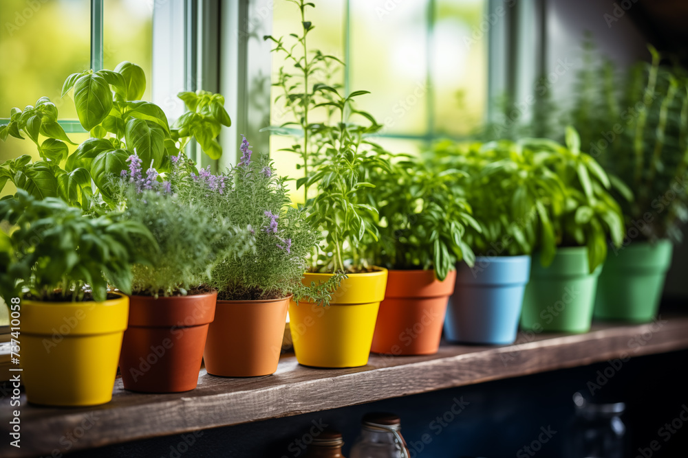 Fragrant herbs in pots. Eco house. Green corner. Houseplants background. Basil, Rosemary, Mint, Thyme
