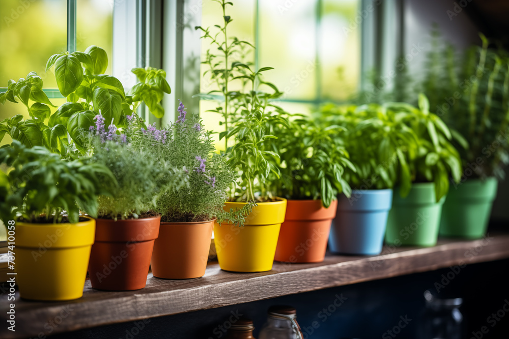 Fragrant herbs in pots. Eco house. Green corner. Houseplants background. Basil, Rosemary, Mint, Thyme
Fragrant herbs in pots. Eco house. Green corner. Houseplants background. Basil, Rosemary, Mint, Thyme