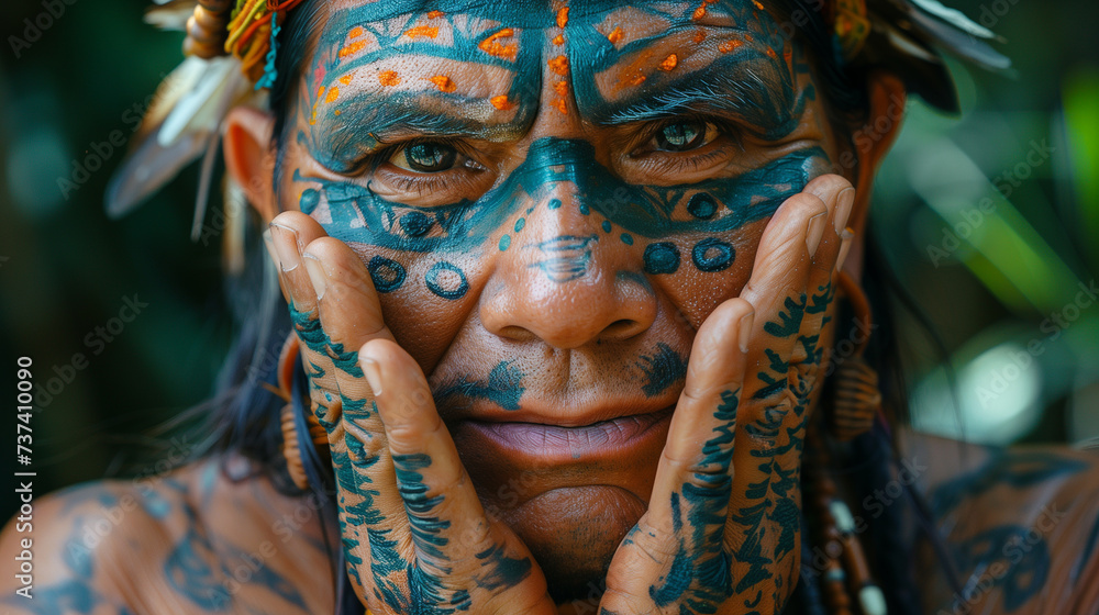 A Mexican shaman holds his face with his hands and performs an ancient ritual. traditions. witchcraft, shamanism. 