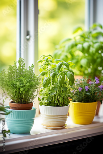 Fragrant herbs in pots. Eco house. Green corner. Houseplants background. Basil  Rosemary  Mint  Thyme  