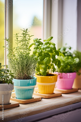 Fragrant herbs in pots. Eco house. Green corner. Houseplants background. Basil, Rosemary, Mint, Thyme