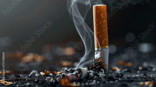 A discarded cigarette butt stands amidst ashes, embodying the health risks associated with smoking and the importance of cessation efforts.