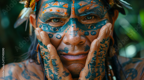 A Mexican shaman holds his face with his hands and performs an ancient ritual. traditions. witchcraft, shamanism.  © evastar