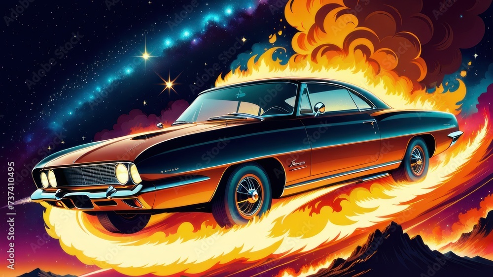 Car On Fire Flying In The Universe. generative, ai.