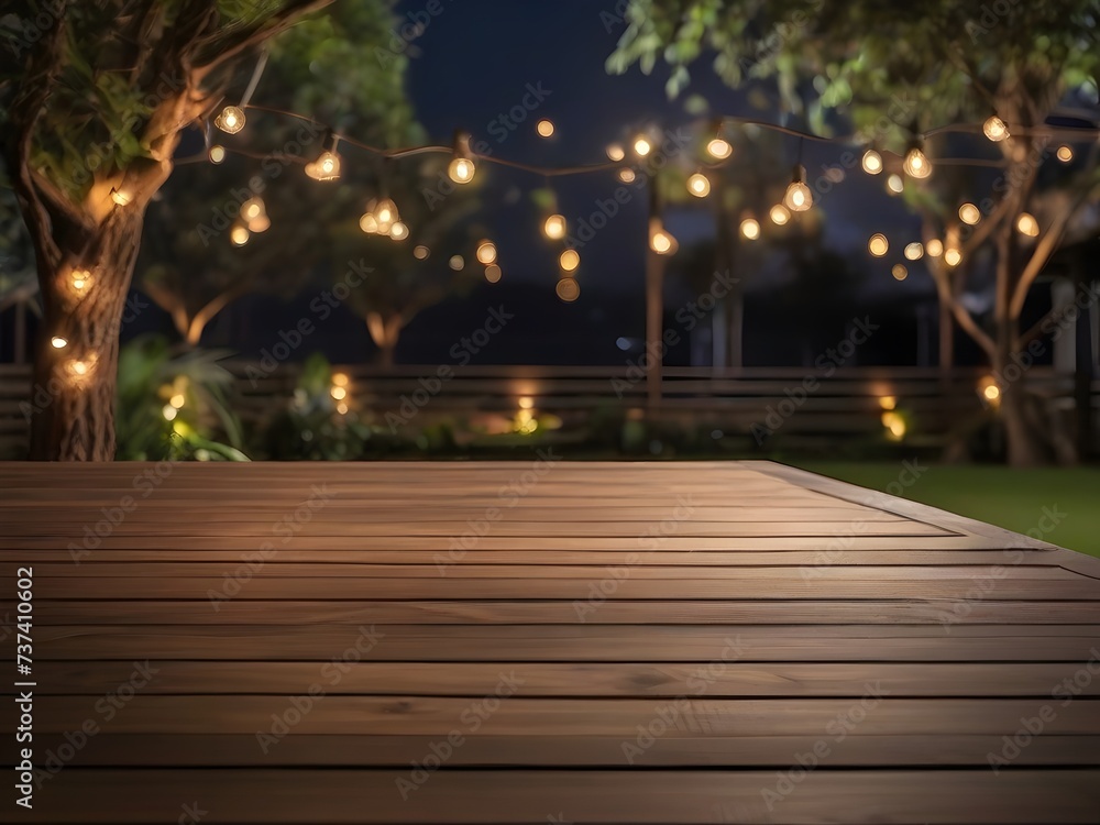 Wood dinner table top with decorative outdoor string lights hanging on tree in the garden at night time