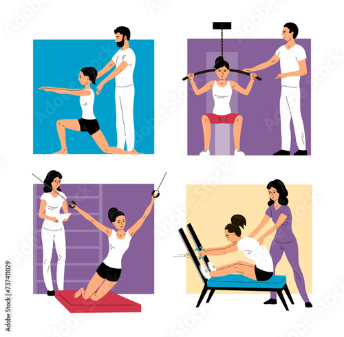 Physical rehabilitation clinic. Young woman patient doing exercises. Physiotherapist helps. Therapy and recovery. Set images. Flat vector illustration