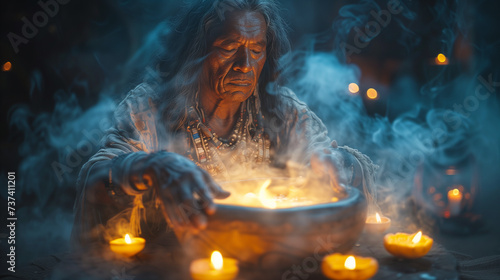 Indian shaman conducts ritual. ancient traditions. witchcraft, shamanism. 