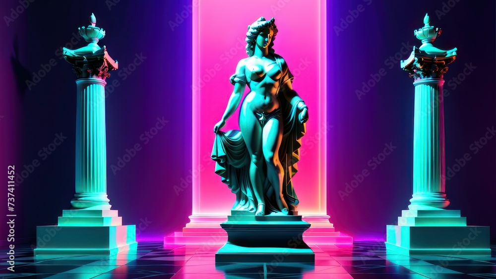 Classic statue background concept. Vaporwave style background. Classic sculpture with color distortion and colored lights. 3d render. generative, ai.