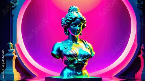 Classic statue background concept. Vaporwave style background. Classic sculpture with color distortion and colored lights. 3d render. generative, ai.