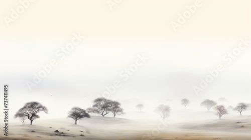 a foggy landscape with a few trees in the foreground and a few birds flying in the far distance.