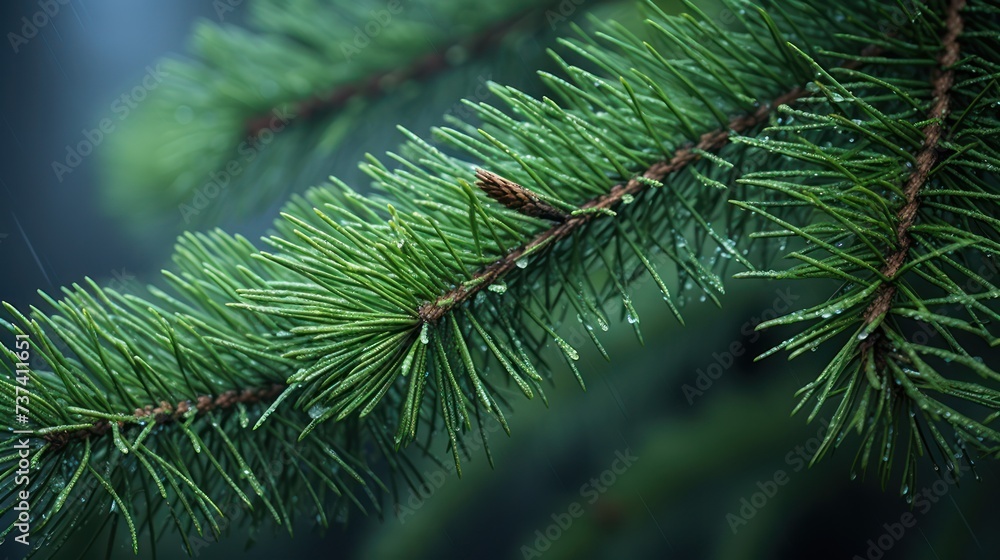a close up of a pine tree branch with drops of water on it's needles and a blurry background. a close up of a pine tree branch with drops of water on it's needles and a blurry background.