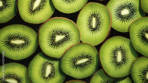 a group of sliced kiwis sitting next to each other on top of a pile of other kiwis.