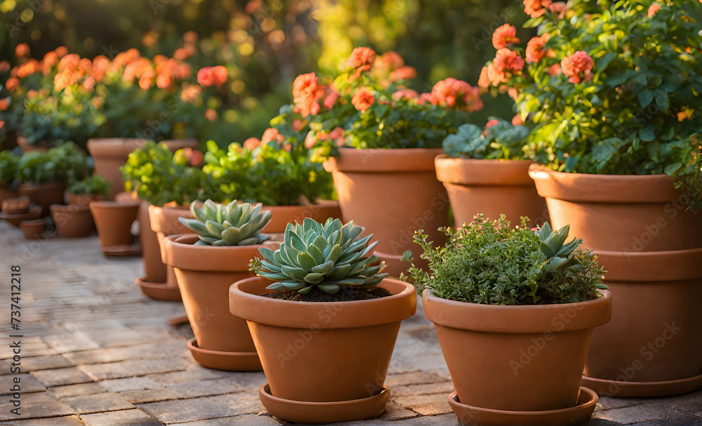 Fototapeta premium An array of terracotta flowerpots cradling an assortment of colorful flowers, captured with a shallow depth of field